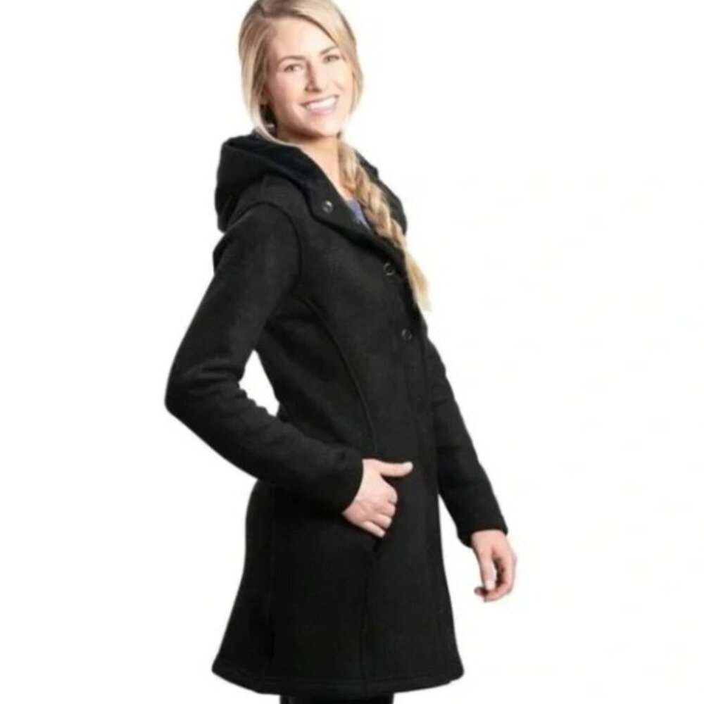 KÜHL Spyrit Fleece Coat Hoodie Black Size Large Cozy Snap Front Jacket